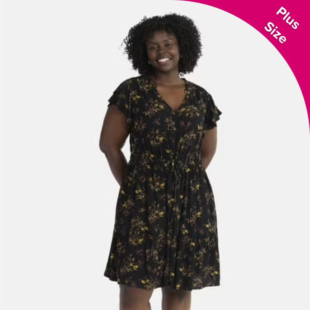 Flutter Sleeve Dress, Black Floral